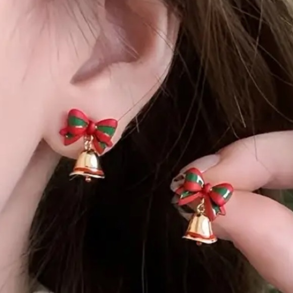 Christmas Festive Red and Green Bow 925 Sterling Silver Earrings with Gold Bells - Picture 2 of 6